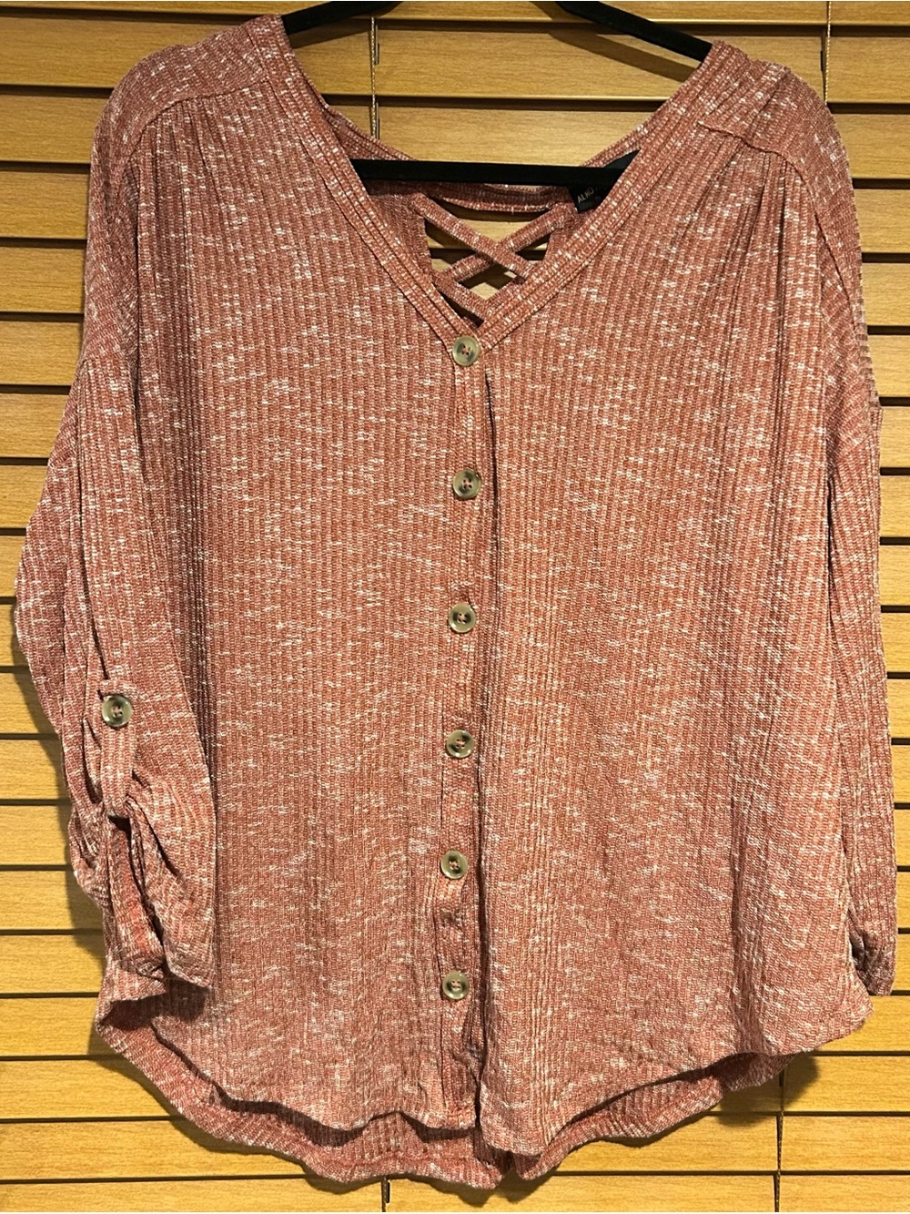 Almost Famous Dusty Rose Ribbed Button-Front Top with Crisscross V